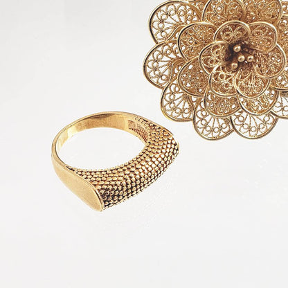 18K Gold Plated Polished & Textured Ring - TurkishBling