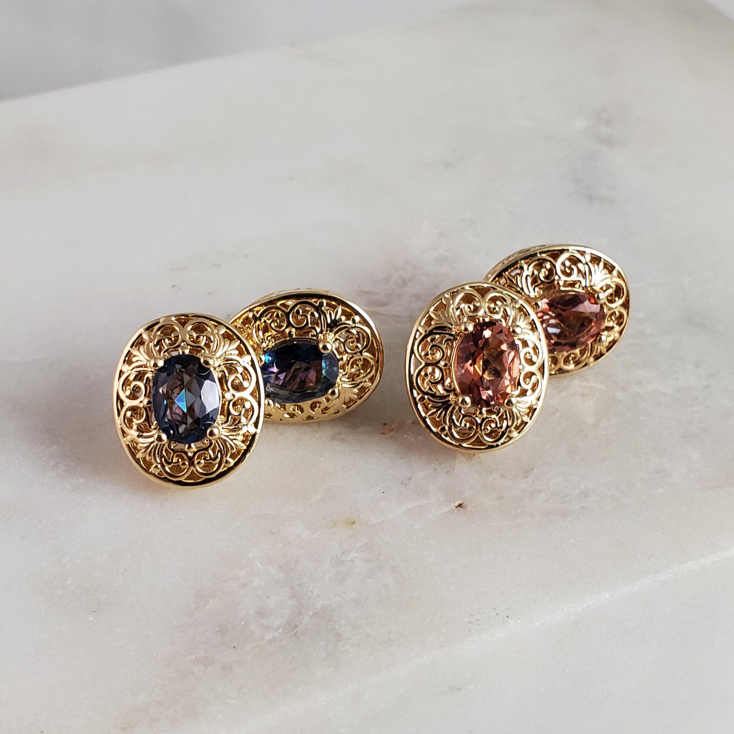 18K Gold Plated Gemstone Oval Stud Earrings