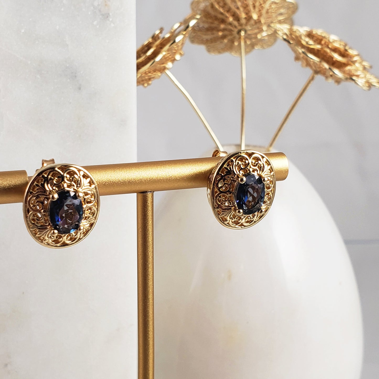 18K Gold Plated Gemstone Oval Stud Earrings