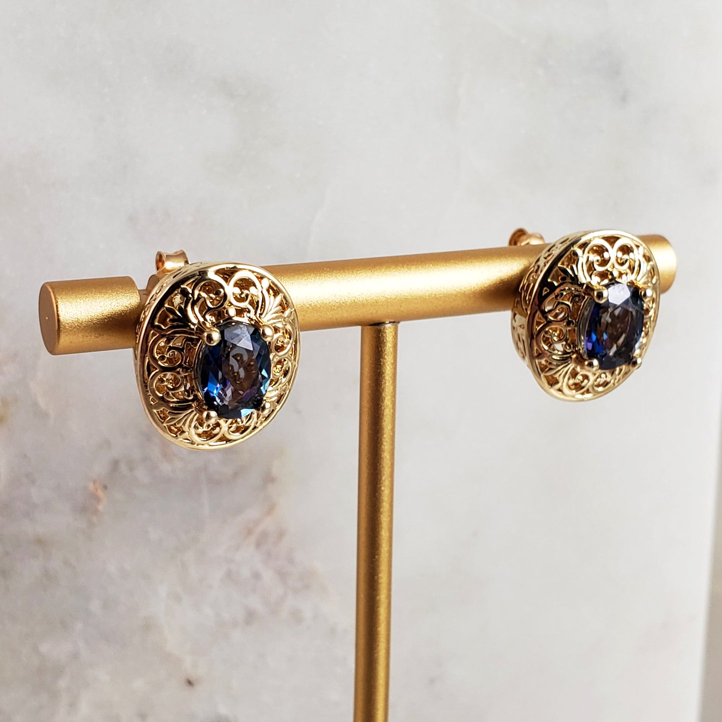 18K Gold Plated Gemstone Oval Stud Earrings